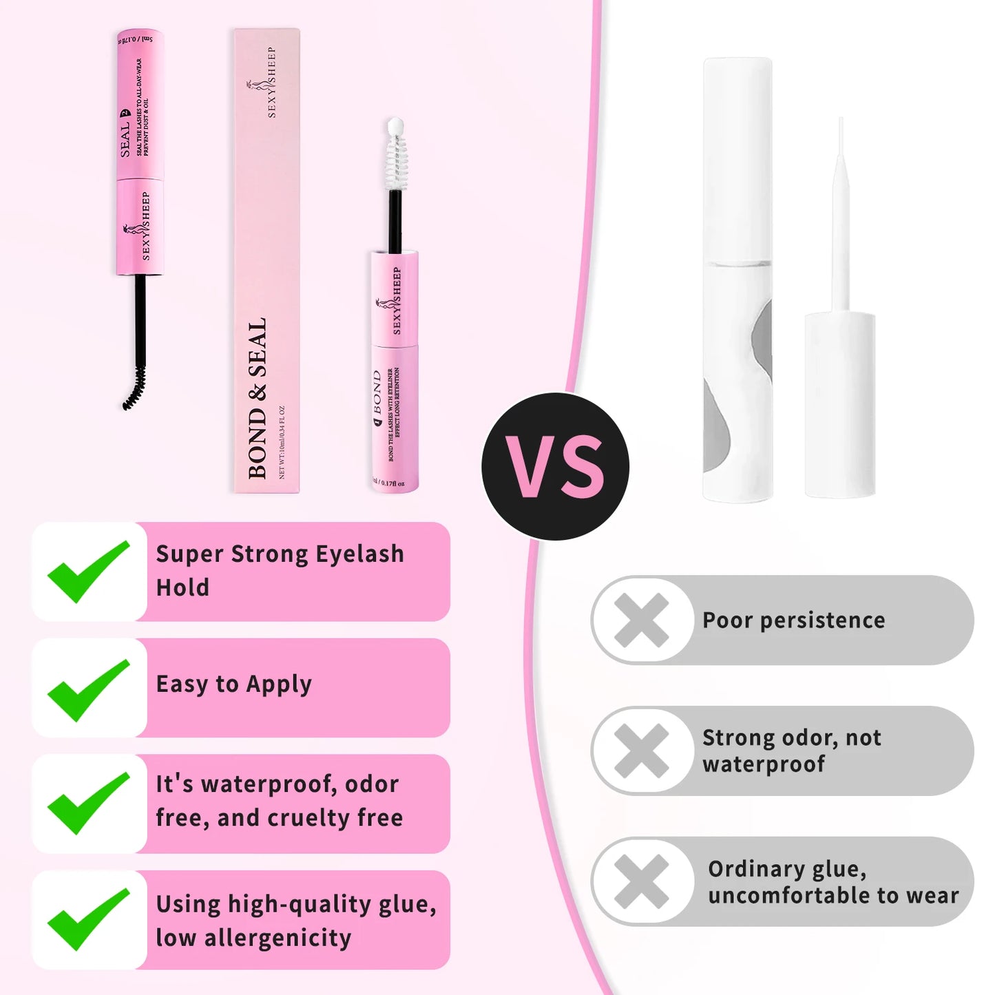 Eyelash Glue and Seal for Eyelash Clusters Strong Fixed Eyelash Glue Lasting 48H 2 in 1(5ml Black Glue + 5ml Clear Seal)
