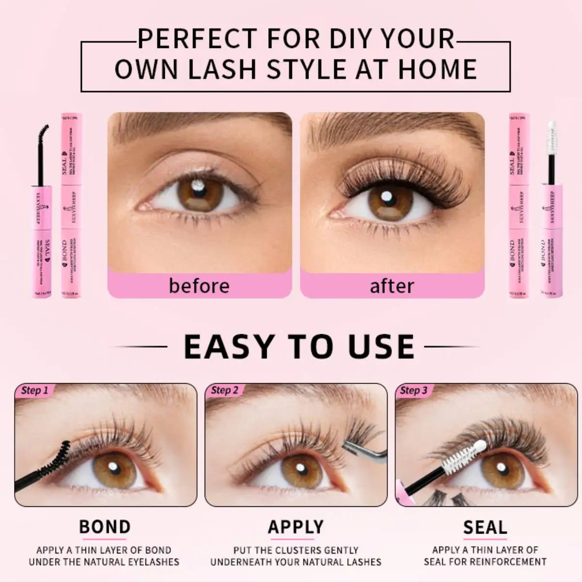 Eyelash Glue and Seal for Eyelash Clusters Strong Fixed Eyelash Glue Lasting 48H 2 in 1(5ml Black Glue + 5ml Clear Seal)