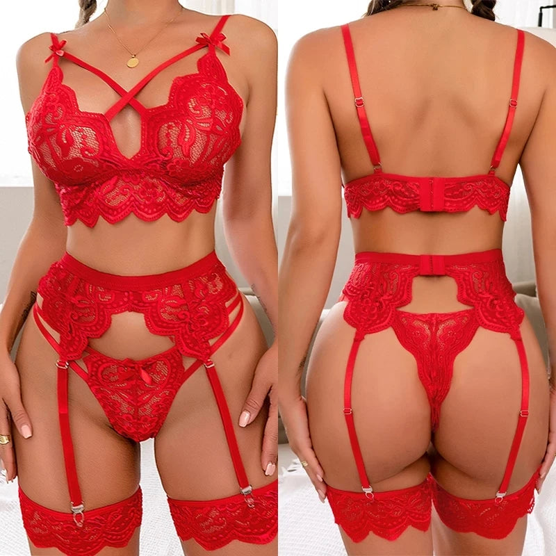 Sexy Lingerie Women Sleepwear Lace Underwear 3pcs Bra Panty Garters Erotic Lingerie Sets Sexy Women's Bra