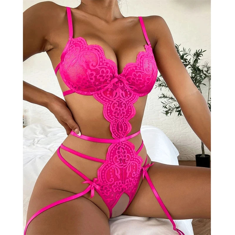 Sexy Lingerie Women Sleepwear Lace Underwear 3pcs Bra Panty Garters Erotic Lingerie Sets Sexy Women's Bra