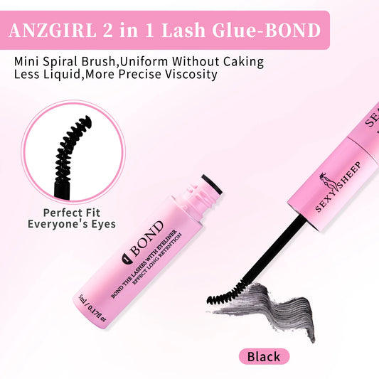Eyelash Glue and Seal for Eyelash Clusters Strong Fixed  Eyelash Glue Lasting 48H 2 in 1(5ml Black Glue + 5ml Clear Seal)