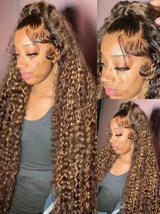 250 Density 30 46 Inch Highlight Ombre Deep Wave HD Lace Front Wig Colored Curly Human Hair Wig 13x6 Lace Frontal Wigs For Women