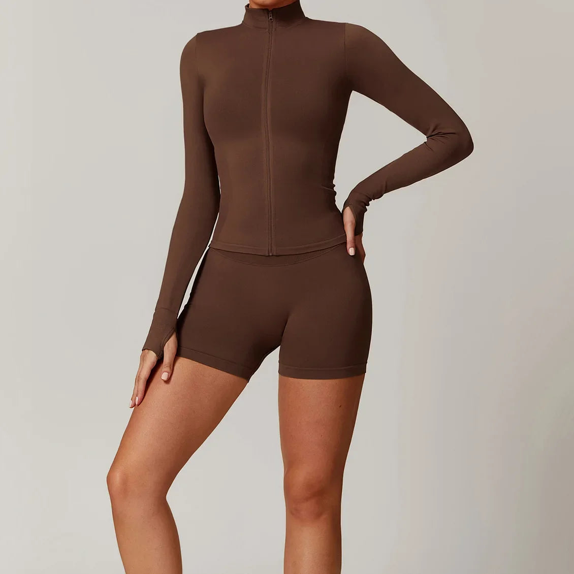 Jacket Yoga Set Women Long Sleeve Stand Up Collar Zipper Coat Seamless High Waist Short Fitness Suit Outdoor Sport Tracksuit