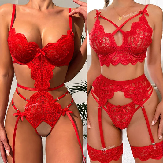 Sexy Lingerie Women Sleepwear Lace Underwear 3pcs Bra Panty Garters Erotic Lingerie Sets Sexy Women's Bra
