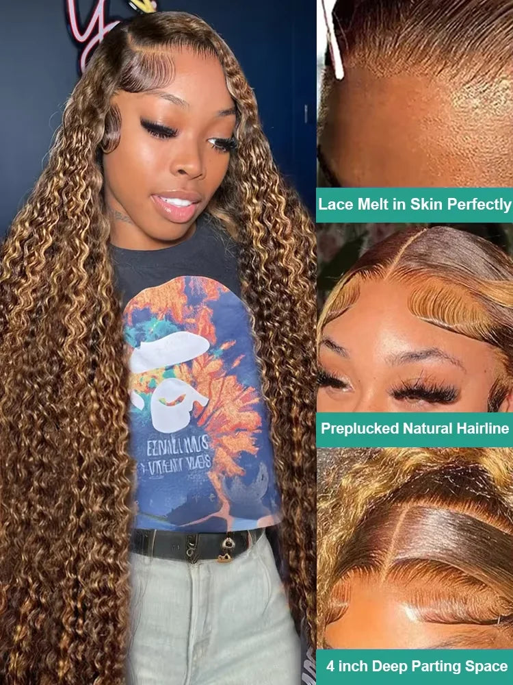 250 Density 30 46 Inch Highlight Ombre Deep Wave HD Lace Front Wig Colored Curly Human Hair Wig 13x6 Lace Frontal Wigs For Women