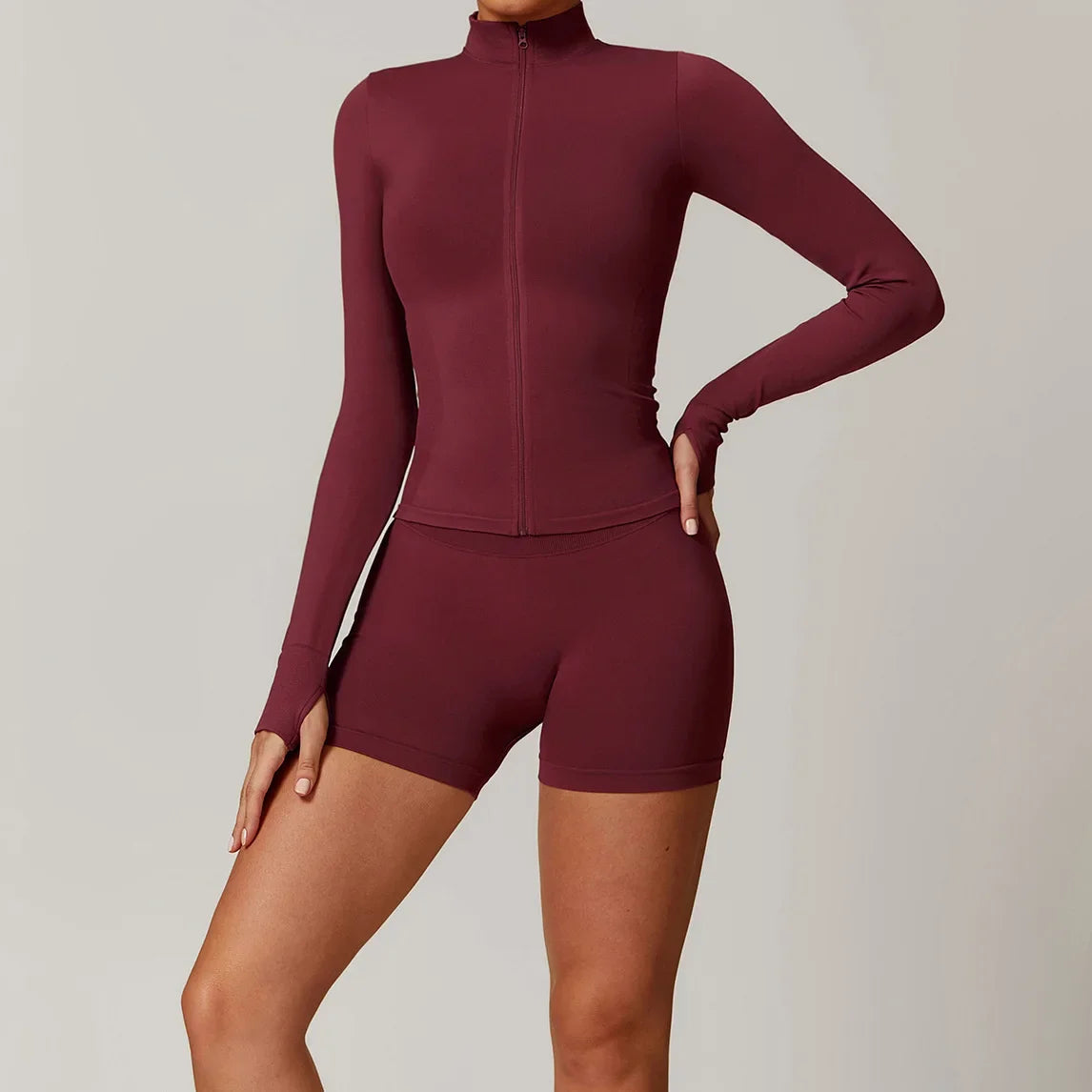Jacket Yoga Set Women Long Sleeve Stand Up Collar Zipper Coat Seamless High Waist Short Fitness Suit Outdoor Sport Tracksuit